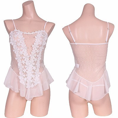 フリルとレースで可愛さ増しベビードール&Tバックセット ホワイト(ランジェリー)