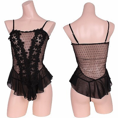 フリルとレースで可愛さ増しベビードール&Tバックセット ブラック(ランジェリー)
